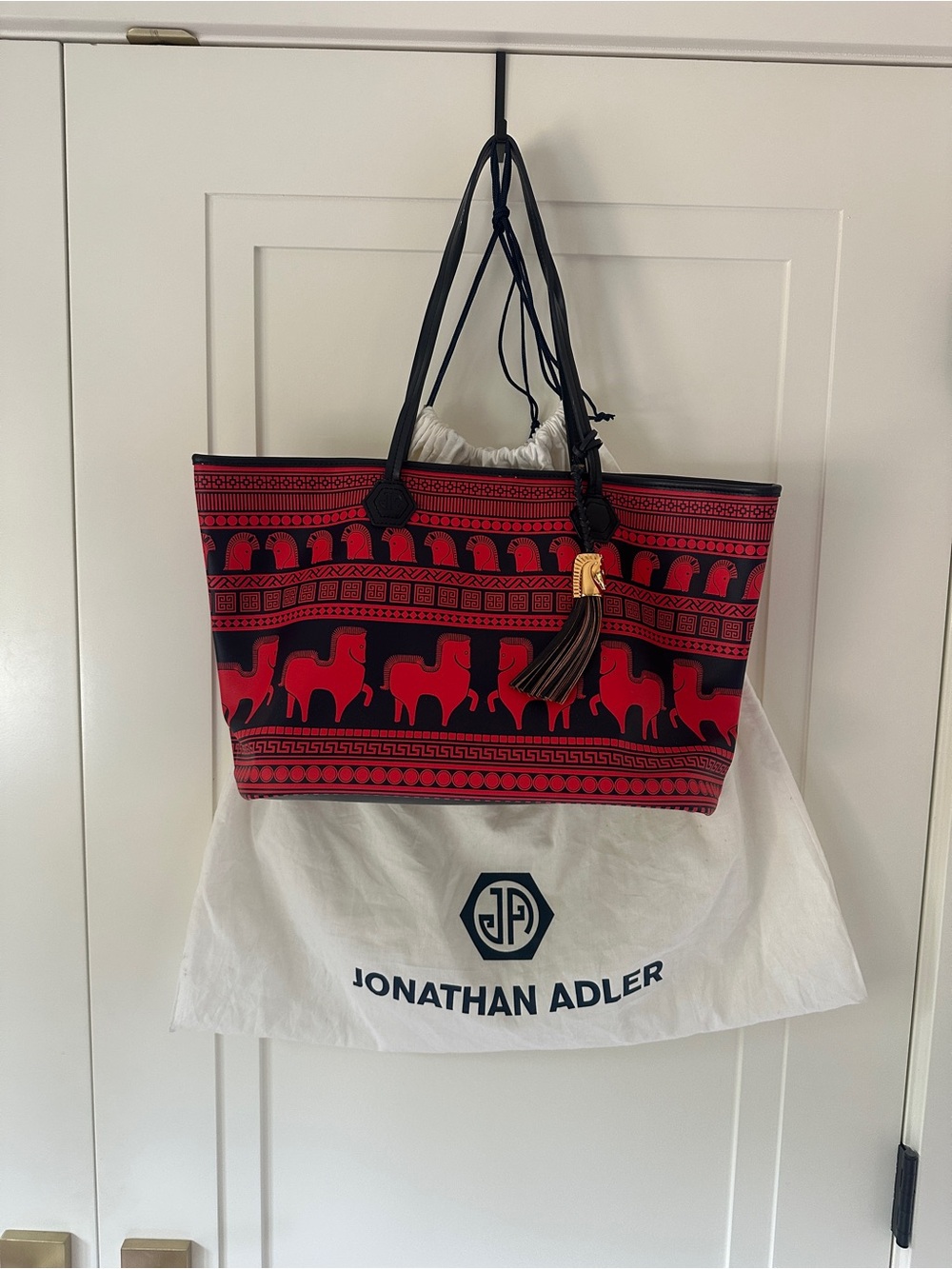 Jonathan Adler Red Navy Equestrian Horse Tote Bag w/charm + Dust Bag